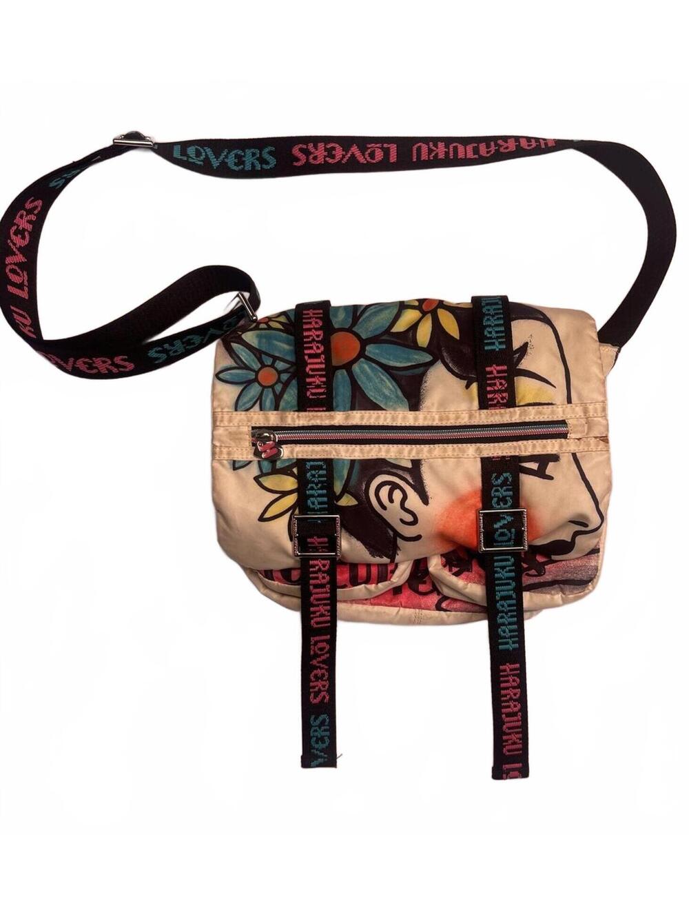 Harajuku Lovers Crossbody Bag with Floral and Character Print Y2K 2005